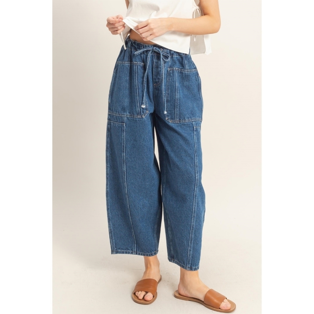 Dark Blue Big Pocket Elastic Waist  Wide-Leg Barrel Cropped Jeans